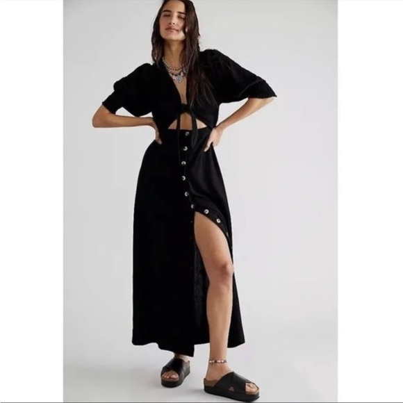 Free People Dresses & Skirts - Free People String of Hearts Front Tie Button Down Maxi Dress | Black | …